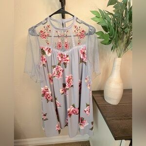 Floral Embroidered Sheer Sleeve Dress